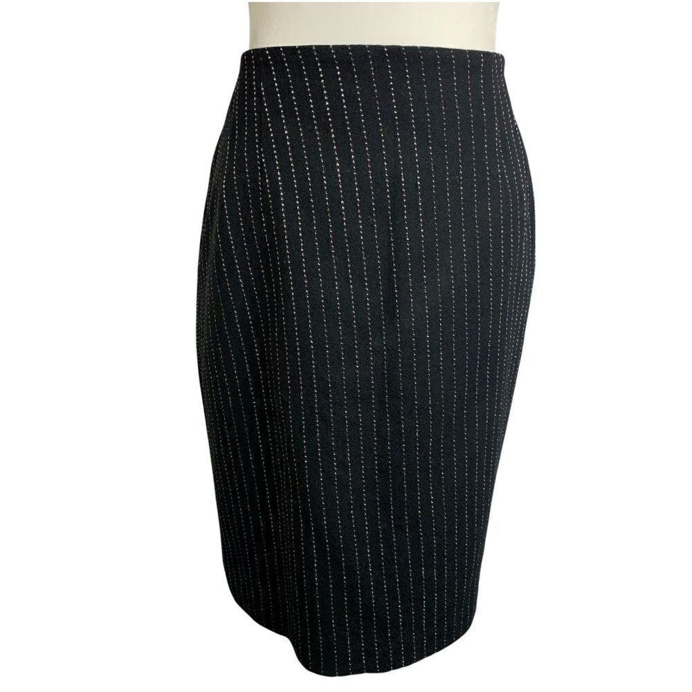 Vintage Ellen Tracy Wool Mini Pencil Skirt 12 Black Metallic Stripe Lined Zipper